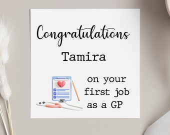 Congratulations on first GP job, personalised new doctor GP card, card for newly qualified doctor first NHS job