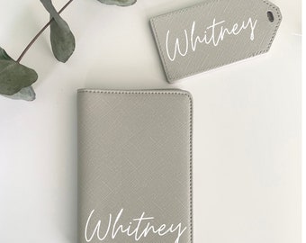 Personalised grey leather passport cover, named passport holder and luggage tag, holiday and travel luggage accessories, honeymoon gifts