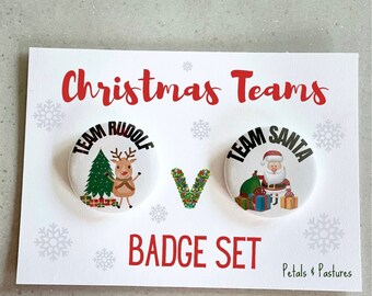 Christmas team Santa, team reindeer badge pack, 58mm Xmas badges for kids party, Christmas Eve box filler, diy cracker fillers