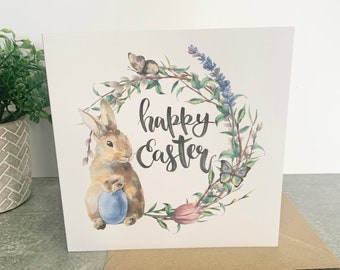 Happy Easter Greetings card, bunny rabbit floral design Easter card for children and adults, spring cards, cards for Easter