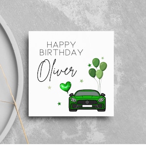 Personalised sports car birthday Card for men, green race car and balloons card, boys birthday cards, brother bday card