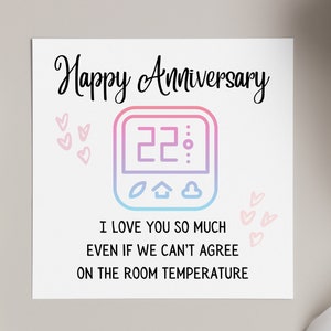 Happy anniversary card, funny card for husband or wife on wedding anniversary, couple disagreements, room temperature card, I love you card