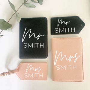 Personalised Mr and Mrs passport cover and luggage tag travel set, newlyweds gift for honeymoon holiday, wedding gifts for mr and mrs