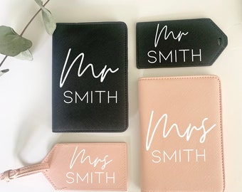 Gepersonaliseerde mr en mrs paspoort cover en bagage tag reisset, pasgetrouwden cadeau voor huwelijksreis vakantie, huwelijkscadeaus voor de heer en mevrouw