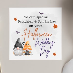 To our Son and daughter in law on your Halloween wedding day, October wedding card with Halloween gonks, Halloween 2024 cards