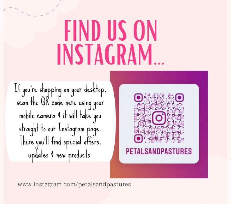 Puede incluir: Gr&aacute;fico rosa y morado con el texto "FIND US ON INSTAGRAM..." y un c&oacute;digo QR. El texto debajo del c&oacute;digo QR dice "PETALSANDPASTURES". El texto anima a escanear el c&oacute;digo para ofertas especiales y actualizaciones.