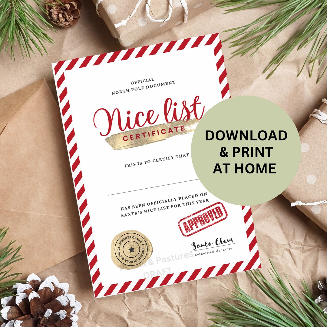 Nice List Note Nice List Certificate Printable, Digital Download Santa Nice List ...
