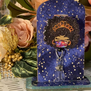Nurse girl badge reel, Nurse badge holder, Glitter badge reel, Cute badge reel, Afro nurse badge reel