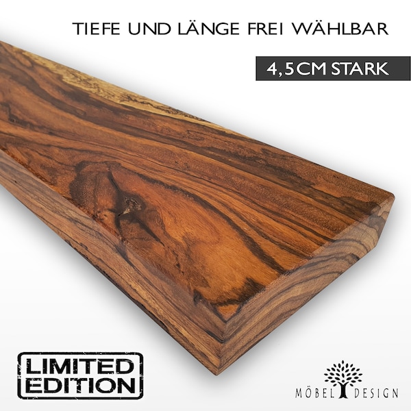 Zebrano solid wood shelf 14-24 cm deep / 4.5 cm thick / various lengths - Wall shelf - Floating solid wood wall shelf made of zebrano wood