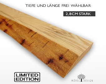 Estante de madera maciza de fresno con borde de árbol con daños por gusanos, 14-26 cm de profundidad / 2,8 cm de grosor - varias longitudes - estante de pared, estante de pared, estante flotante