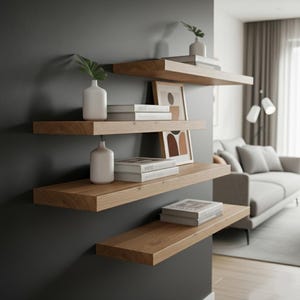 Pode incluir: Prateleiras flutuantes de madeira montadas numa parede cinza escuro, exibindo livros, vasos brancos com vegetação e obras de arte emolduradas. As prateleiras são feitas de madeira clara, criando uma estética moderna e minimalista. O quarto inclui um sofá e uma lâmpada.