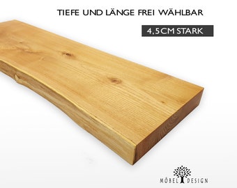 Akazie Massivholz Wandregal mit Baumkante 14-26cm tief / 4,5cm stark / Individualisierbar / Holzregal