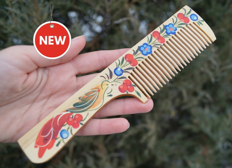 Hand painted comb Petrykivka comb Ukrainian gift Gift for girl Natural comb Valentine gift Wooden hairbrush Mother gift Eco friendly for her image 1