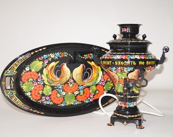 Samovar with Tray Electric samovar Volume 1.5 - liters Handpainted samovar Exclusive samovar Ukrainian samovar Collectibles samovar