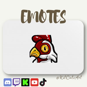 Könnte beinhalten: Ein roter und weißer Hahn mit gelbem Auge, Cartoon-Stil-Emote. Das Emote befindet sich auf einem weißen Hintergrund mit dem Wort "EMOTES" in brauner Schrift oben und "@KitCatzArt" in brauner Schrift unten.