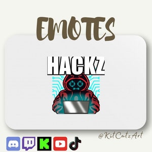 May include: A white background with the word "EMOTES" in brown text at the top. Below the word "EMOTES" is a red and blue cartoon character wearing a hoodie and using a laptop. The character is surrounded by blue circuit board lines. The text "HACKZ" is in white letters above the character. The text "@KitCatzArt" is in black text at the bottom right corner of the image.