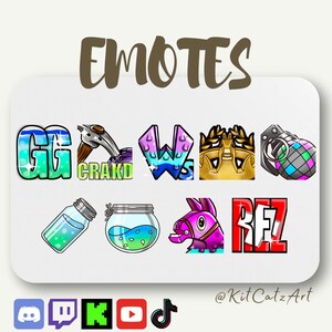 Könnte beinhalten: Ein Satz von neun bunten Twitch-Emojis mit verschiedenen Designs, darunter ein grünes und blaues "GG", ein lila und blaues "W", eine goldene Krone, eine grüne und blaue Granate, eine blaue Zaubertrankflasche, ein grünes Glas mit blauer Flüssigkeit, ein pinkfarbenes Lama und ein rotes "REZ". Die Emojis sind in einem Raster auf weißem Hintergrund angeordnet. Der Text "EMOTES" befindet sich oben im Bild in brauner Schrift. Der Text "@KitCatZArt" befindet sich unten im Bild in schwarzer Schrift.