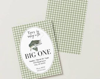 Reeling in the Big One First Birthday Invitation, Fishing Birthday Party Boy, Bass Fish Birthday, Editable Canva Template