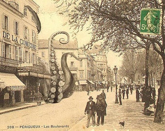 Postcard: kraken invading old french town