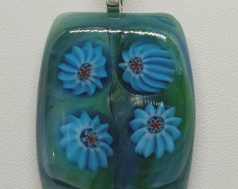 Handmade Kiln Fired Fused Glass Pendant in Blue-Green with Slices of Millefiori Cane - Handmade Fused Glass Art You Can Wear - Studio Glass