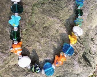 Handmade Lampwork / Torchwork Glass Bead Necklace with Fish Beads -- 22 Inches Long -- Studio Glass Art -- Art You Can Wear