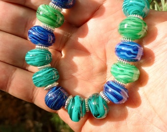 Handmade Lampwork / Torchwork Glass Bead Necklace in Shades of Transparent Green & Transparent Deep Blue with Added Strands of Opaque White