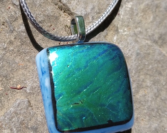 Kiln Fired Fused Glass Pendant with Dichroic Blue & Green Colors on Semi-opaque Blue Glass Background - Handmade Studio Glass You Can Wear