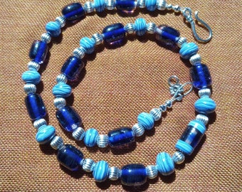 Lampwork Glass Bead Necklace in Marbled and Transparent Blue - Murano Glass - 18.5 Inches - Handmade - Art You Can Wear - Hot Glass Artist