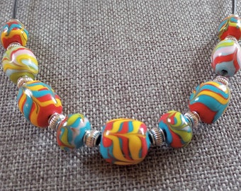 Handmade 18-Inch Lampwork / Torchwork Glass Bead Necklace with Raked Patterns in Teal, Pink, Yellow, Green, Red and Blue - Studio Glass Art