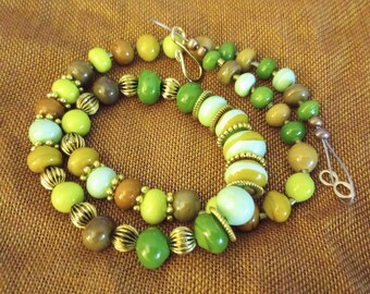 Handmade Lampwork Glass Bead Necklace in Opaque Greens and Browns