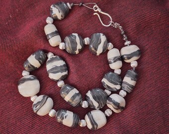 Handmade Lampwork / Torchwork Glass Bead Necklace in Opaque Marbled Charcoal and Sandstone Colored Glass - 19 Inches - Studio Glass Art