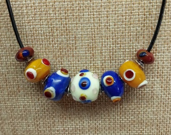 Handmade Lampwork Glass Evil Eye Bead Necklace on Black Leather Cord - Eye Beads - Blue Glass - Yellow Glass - White Glass - Silver Spacers