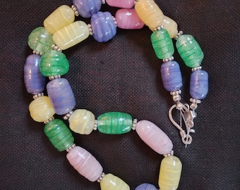 Handmade Lampwork / Torchwork Glass Bead Necklace with Colored Enamels in Clear Glass - Studio Glass - Art Glass - 19.5 Inches Long