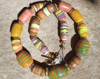 Handmade Lampwork / Flamework Glass Bead Necklace in Earth Tones and Green - Studio Glass Art - 19 Inches Long - Art You Can Wear