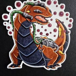 May include: A brown and orange cartoon dragon with green pipes and a mechanical body. The dragon is surrounded by a white background with many small purple circles.
