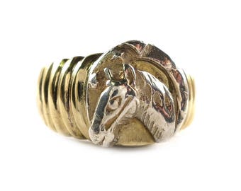 Rare huge 8k yellow & white gold signet ring-Art Déco-1920-horse head with a horseshoe-size 6 1/2 -antique ring-Germany, Bavaria, Munich