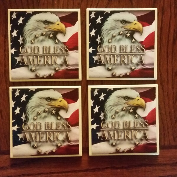 Americana bandera y águila cuadro decorativo de cerámica azulejo montañas rusas juego de 4, honrar a nuestra bandera de Amercian del país con la exhibición de fuerte American Eagle