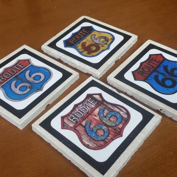Ruta 66 carretera signos Casa Decor posavasos 4 x 4 travertino azulejo conjunto de 4, carretera viaje ruta 66 posavasos foto ruta 66 camino signos colección de imágenes