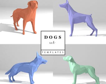 Printable DIY template (PDF). Dogs Set low poly paper model  templates. 3D paper model. Origami. Papercraft. Brain trainer.