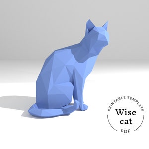 Printable DIY template (PDF). Wise Cat low poly paper model template. 3D paper model. Origami. Papercraft. Brain trainer.