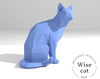 Printable DIY template (PDF). Wise Cat low poly paper model template. 3D paper model. Origami. Papercraft. Brain trainer.