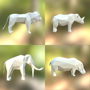 Set of 4 Printable DIY templates PDF. African Animals paper model templates: Lion, Hippo Mammoth, Rhino. 3D animal paper model. image 3