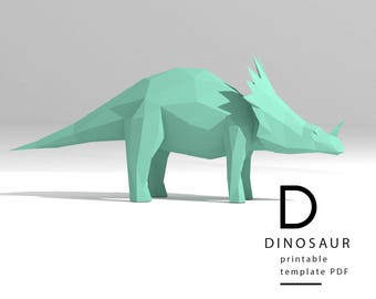 Printable DIY template (PDF).  Dinosaur low poly paper model template. 3D paper model. Origami. Papercraft. Brain trainer.