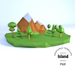 Plantilla de bricolaje imprimible (PDF). Plantilla de modelo de papel de baja poli de isla. Modelo de papel de isla 3D. Origami.