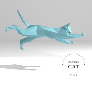 Plantilla de bricolaje imprimible (PDF, PDO, dxf). Plantilla de modelo de papel Flying Cat. Modelo de papel de animales en 3D. Origami. Artesanía de papel. Entrenador cerebral.