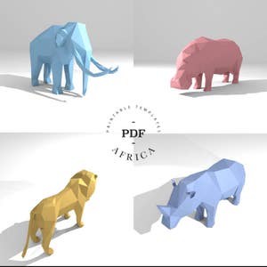 Set of 4 Printable DIY templates PDF. African Animals paper model templates: Lion, Hippo Mammoth, Rhino. 3D animal paper model. image 2