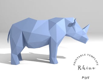 Printable DIY template (PDF).  Rhino low poly paper model template. 3D paper trophy model. Origami. Papercraft. Brain trainer.