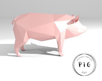 Printable DIY template (PDF).  Pig low poly paper model template. 3D animal paper model. Origami. Papercraft. Brain trainer.