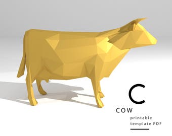 Printable DIY template (PDF).  Cow low poly paper model template. 3D animal paper model. Origami. Papercraft. Brain trainer.