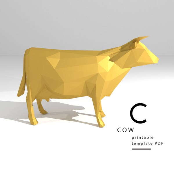 Modèle de bricolage imprimable (PDF). Modèle de modèle de papier vache low poly. Modèle de papier animal 3D. Origami. Papercraft. Entraîneur de cerveau.
